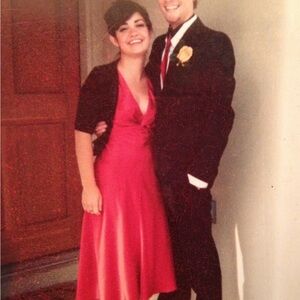 BCBGMaxAzria Rust Red Twist-Front Prom Dress Y2K